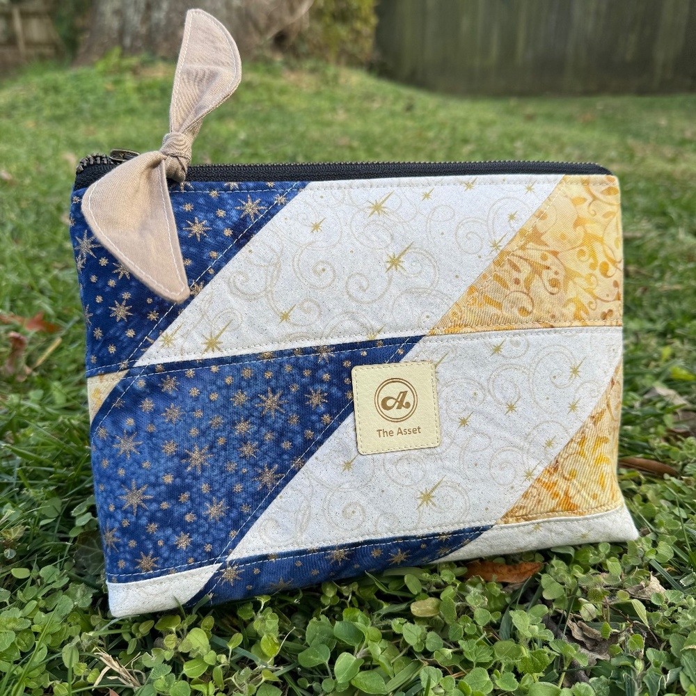 Handmade Gold and Navy Quilted Cosmetic Bag